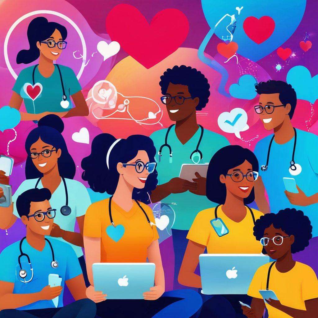 A vibrant illustration showcasing a diverse group of individuals passionately sharing their health stories through digital devices, surrounded by symbols of health awareness like hearts, stethoscopes, and megaphones. The background features a dynamic blog interface filled with engaging content bubbles. The atmosphere is energetic, highlighting the power of digital storytelling in promoting health awareness. vector art. vibrant colors. 3D elements.