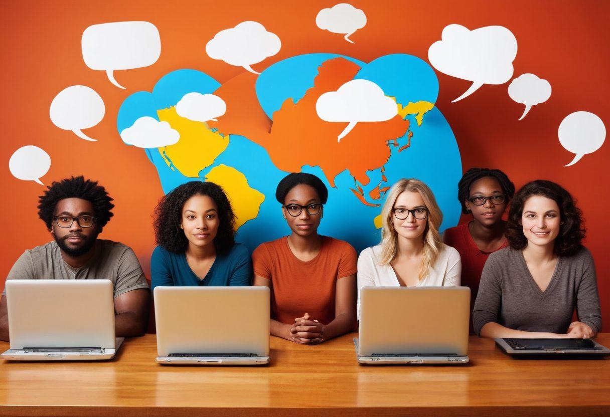 A powerful visual representation of a diverse group of individuals sharing their unique stories in a blogosphere setting. Include symbolic elements like laptops, speech bubbles, and a globe to represent global awareness of ARDS. The backdrop should evoke a sense of unity and support, with warm lighting creating an inviting atmosphere. Focus on emotional expressions of hope and resilience. vibrant colors. super-realistic.