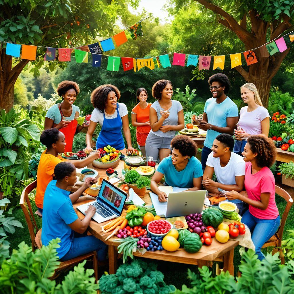 A captivating scene of a diverse group of people gathered around a vibrant, nature-filled setting, engaged in healthy activities like cooking, exercising, and sharing ideas. Incorporate elements like colorful fruits and vegetables, a laptop displaying a blog, and inspirational quotes on banners in the background. The atmosphere should radiate positivity and motivation. bright colors. nature-inspired. 3D.